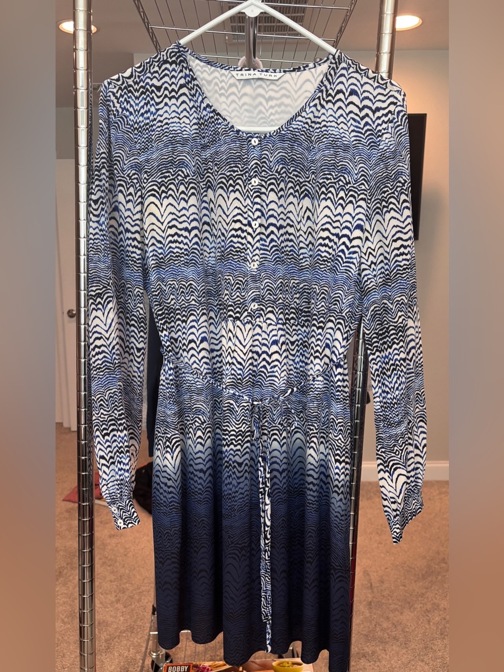 Trina Turk silk long sleeve blue white lined dress no size resort wear